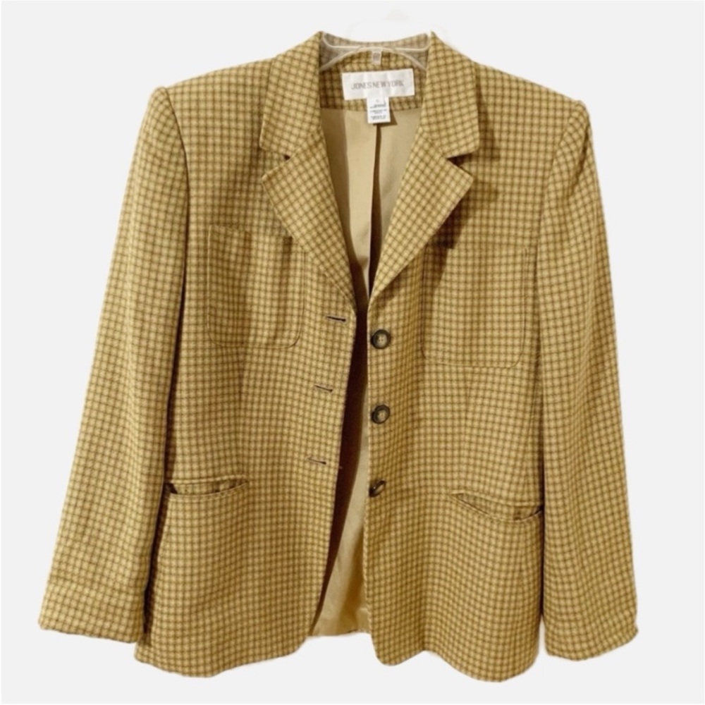 Jones New York Silk Blend Fully Lined Plaid Blazer Notched Lapel Button Front